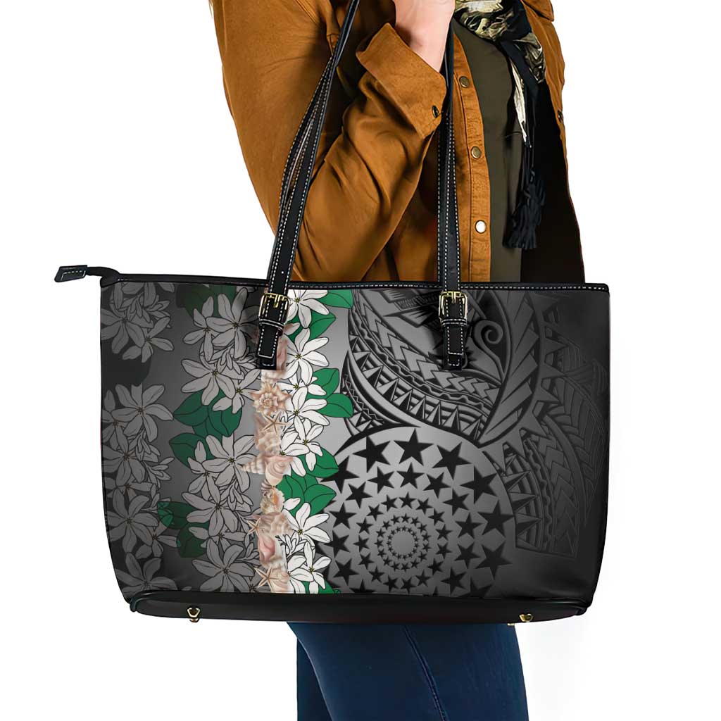 Cook Islands Tiare Maori With Conch Shell Leather Tote Bag Pasifika Fest Polynesian Tattoo Black