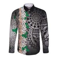 Cook Islands Tiare Maori With Conch Shell Long Sleeve Button Shirt Pasifika Fest Polynesian Tattoo Black