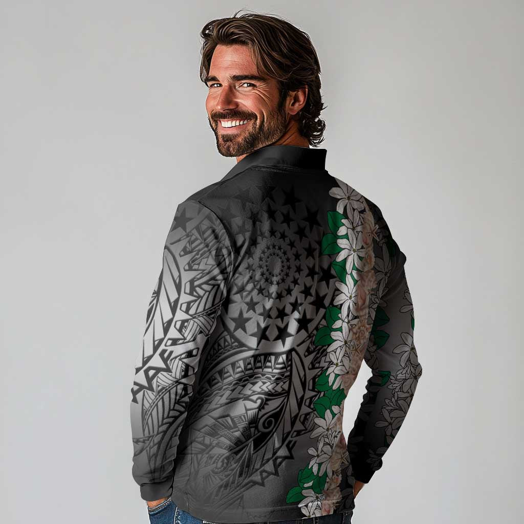 Cook Islands Tiare Maori With Conch Shell Long Sleeve Polo Shirt Pasifika Fest Polynesian Tattoo Black