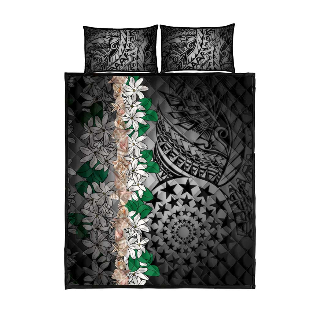 Cook Islands Tiare Maori With Conch Shell Quilt Bed Set Pasifika Fest Polynesian Tattoo Black