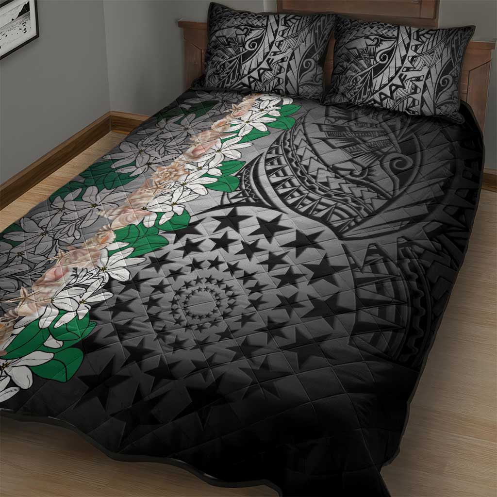 Cook Islands Tiare Maori With Conch Shell Quilt Bed Set Pasifika Fest Polynesian Tattoo Black