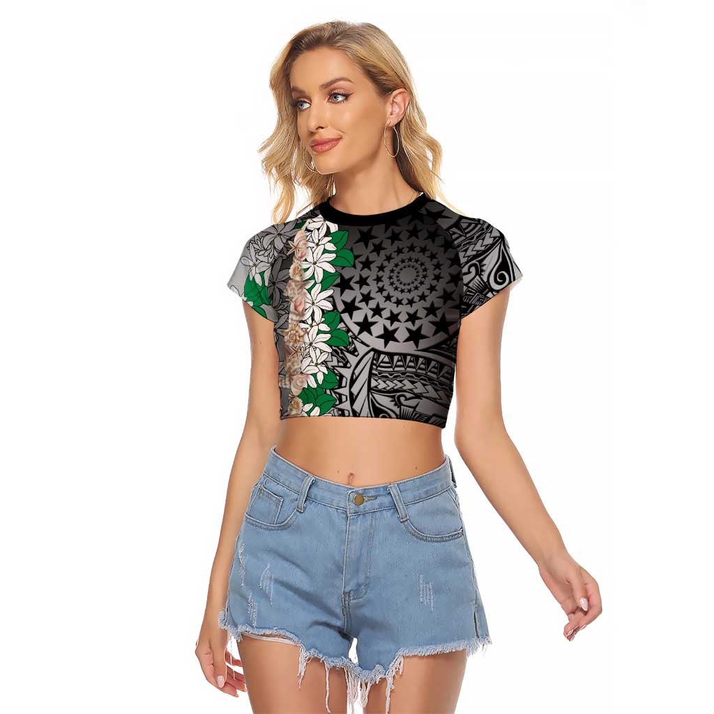 Cook Islands Tiare Maori With Conch Shell Raglan Cropped T Shirt Pasifika Fest Polynesian Tattoo Black