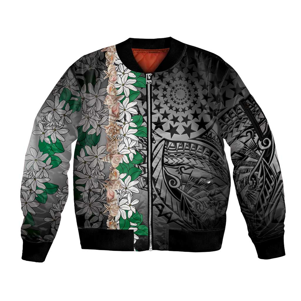 Cook Islands Tiare Maori With Conch Shell Sleeve Zip Bomber Jacket Pasifika Fest Polynesian Tattoo Black