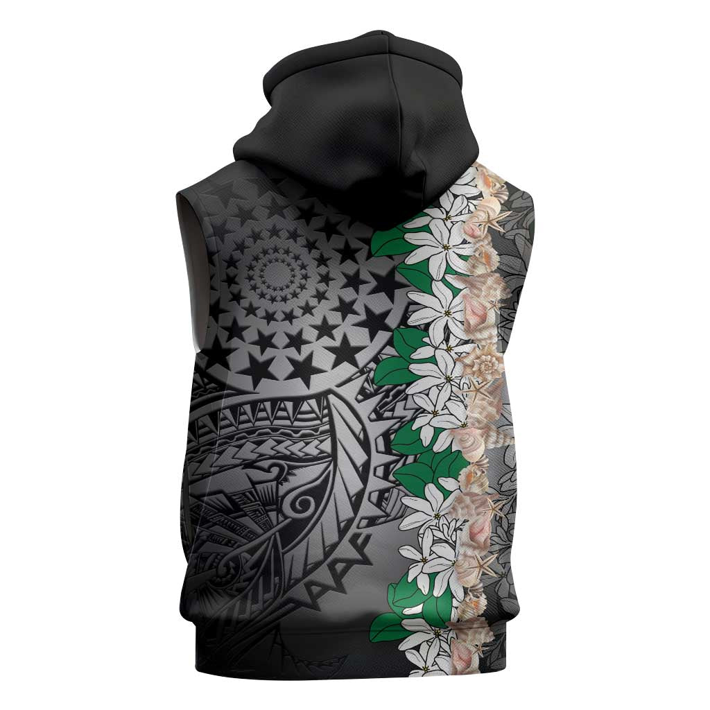 Cook Islands Tiare Maori With Conch Shell Sleeveless Zip Hoodie Pasifika Fest Polynesian Tattoo Black