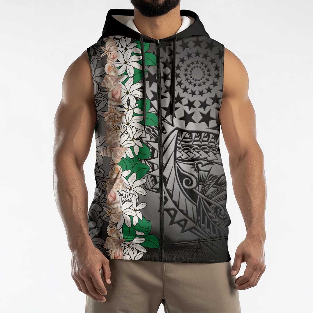Cook Islands Tiare Maori With Conch Shell Sleeveless Zip Hoodie Pasifika Fest Polynesian Tattoo Black