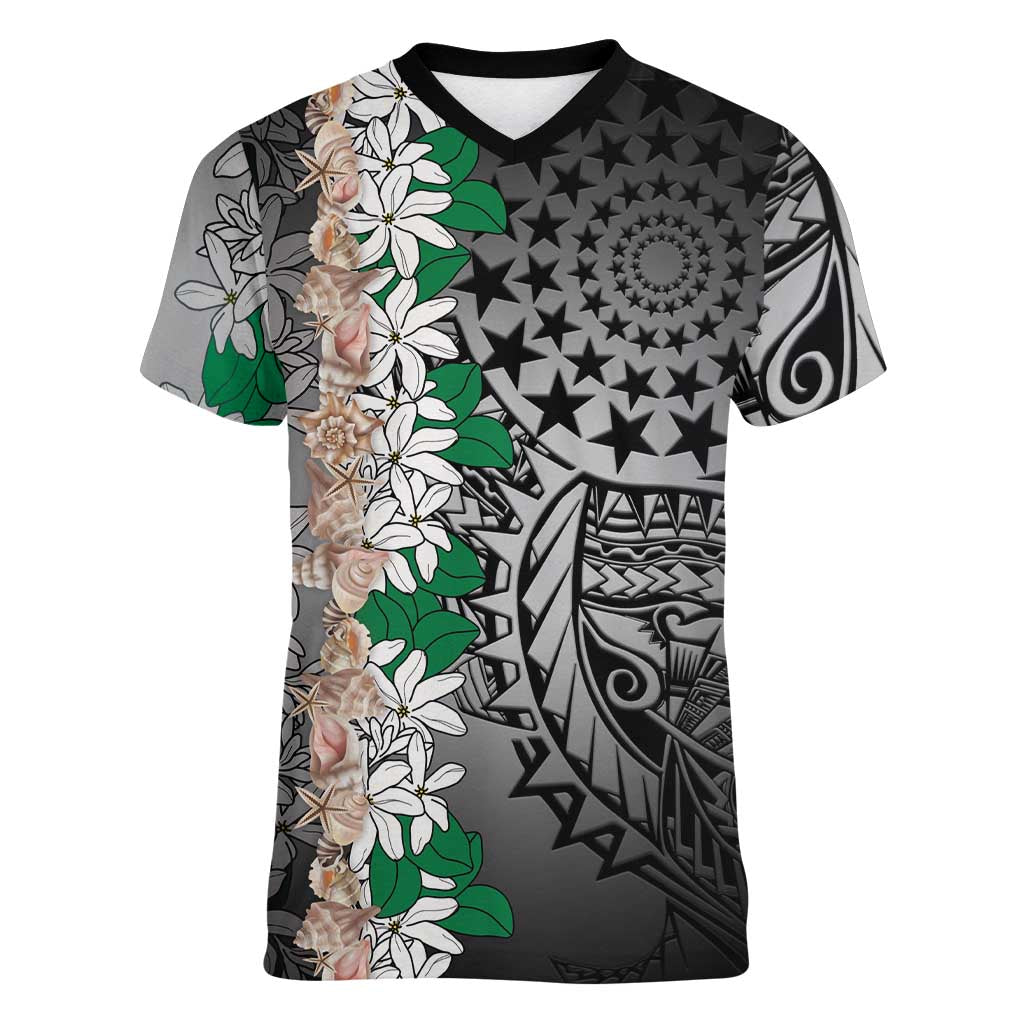 Cook Islands Tiare Maori With Conch Shell Women V-Neck T-Shirt Pasifika Fest Polynesian Tattoo Black