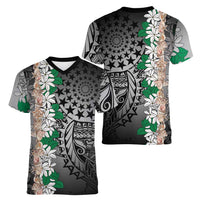 Cook Islands Tiare Maori With Conch Shell Women V-Neck T-Shirt Pasifika Fest Polynesian Tattoo Black
