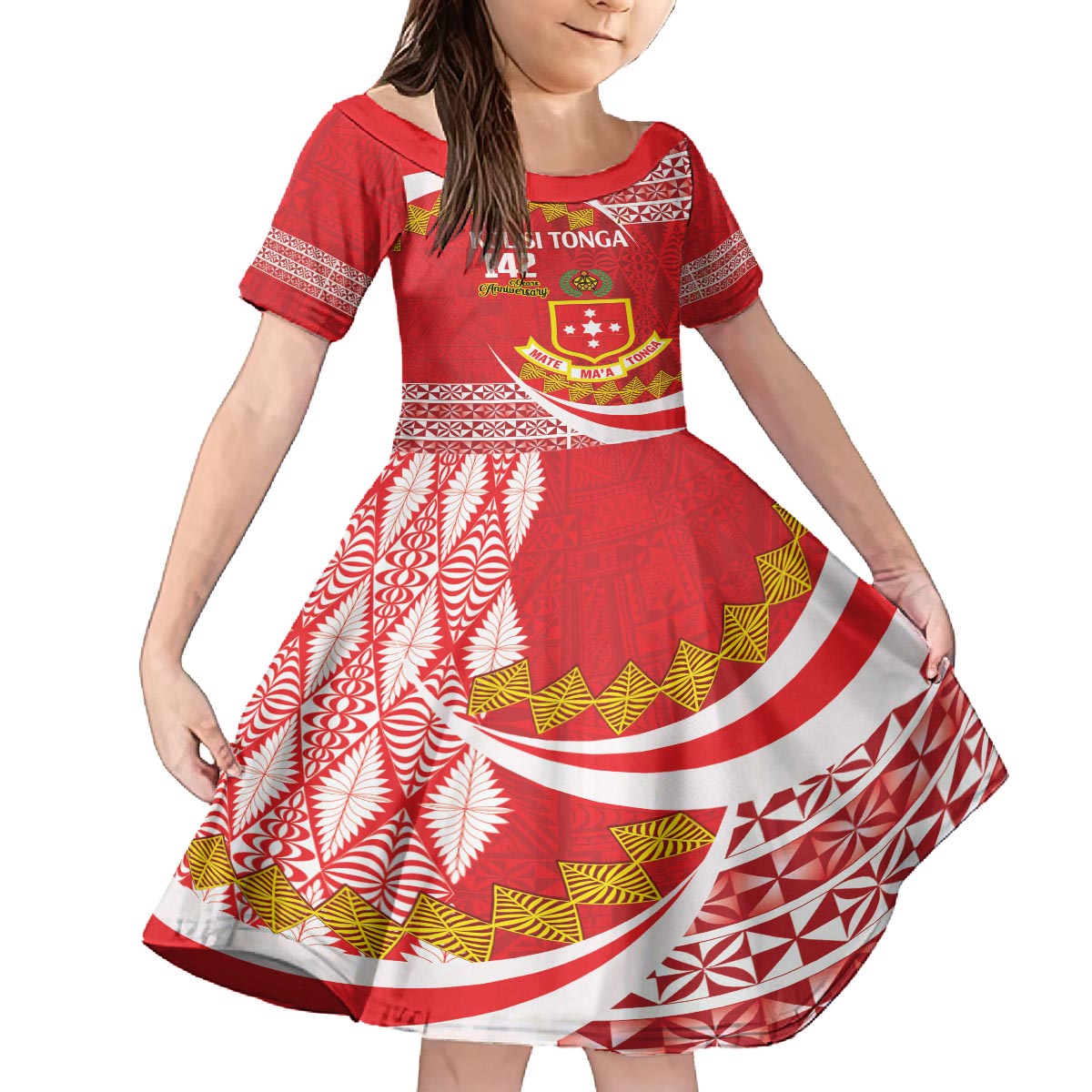 Personalised Kolisi Tonga College Atele Family Matching Puletasi and Hawaiian Shirt Mate Maa Tonga 142 Years Anniversary LT14 Daughter's Dress Red - Polynesian Pride