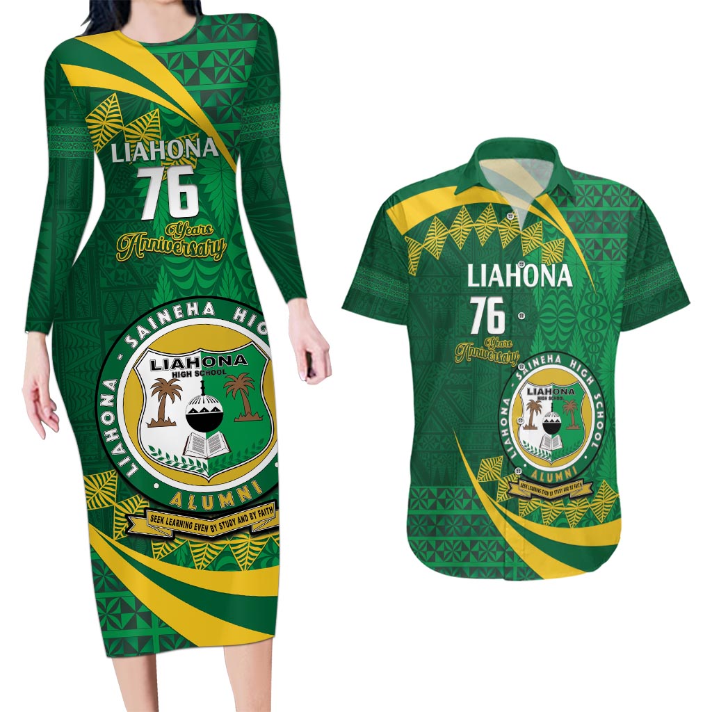 Personalised Tonga Liahona-Saineha High School Couples Matching Long Sleeve Bodycon Dress and Hawaiian Shirt Happy 76 Years Anniversary LT14 Green - Polynesian Pride