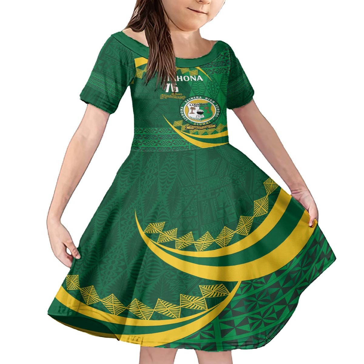 Personalised Tonga Liahona-Saineha High School Family Matching Puletasi and Hawaiian Shirt Happy 76 Years Anniversary LT14 Daughter's Dress Green - Polynesian Pride