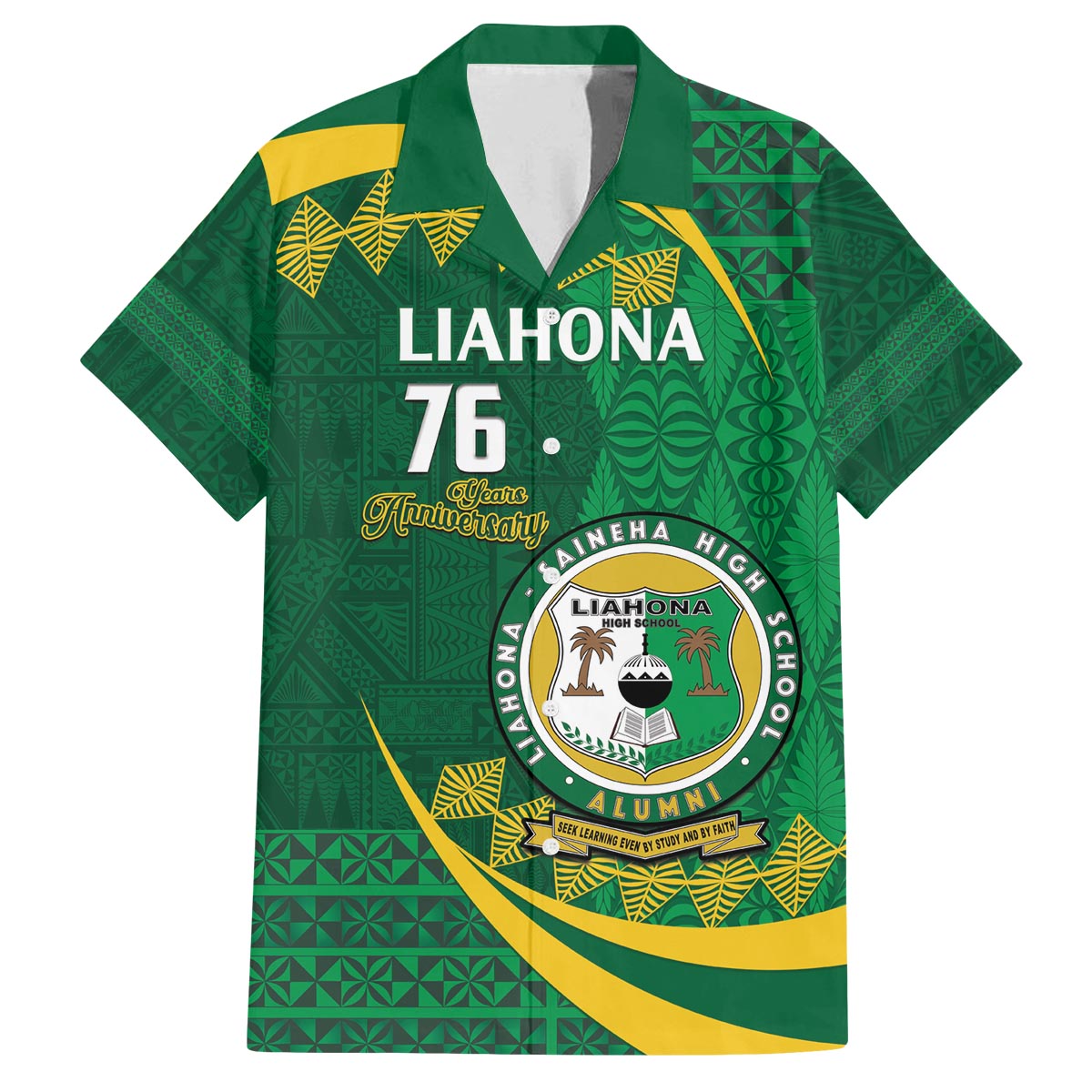 Personalised Tonga Liahona-Saineha High School Family Matching Puletasi and Hawaiian Shirt Happy 76 Years Anniversary LT14 Dad's Shirt - Short Sleeve Green - Polynesian Pride