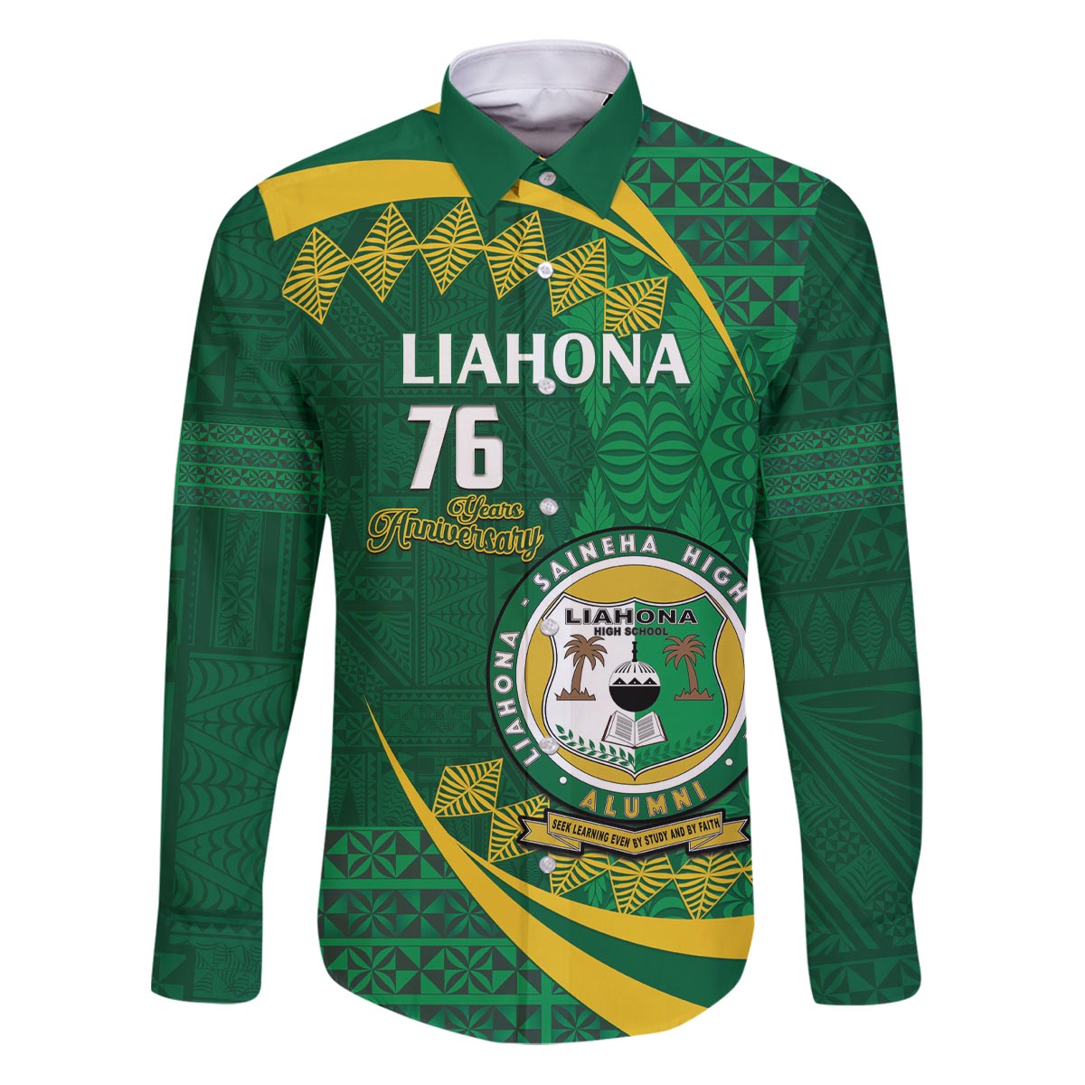 Personalised Tonga Liahona-Saineha High School Family Matching Puletasi and Hawaiian Shirt Happy 76 Years Anniversary LT14 Dad's Shirt - Long Sleeve Green - Polynesian Pride