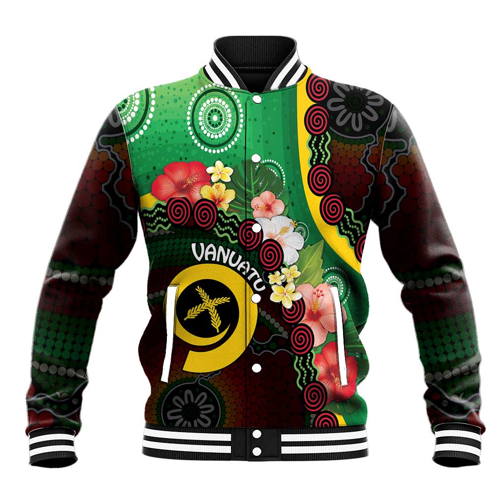Long God Yumi Stanap Vanuatu Baseball Jacket Tropical Flowers Aboriginal Pattern
