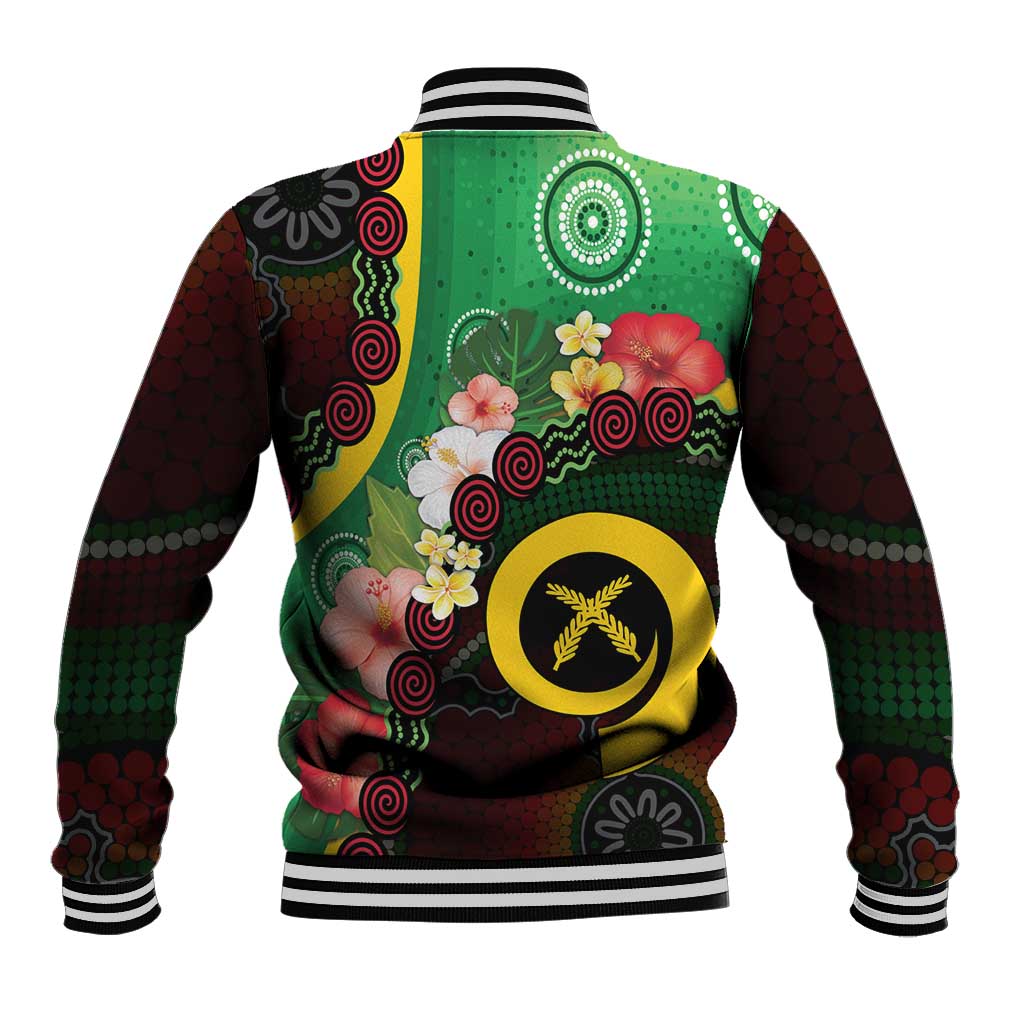 Long God Yumi Stanap Vanuatu Baseball Jacket Tropical Flowers Aboriginal Pattern