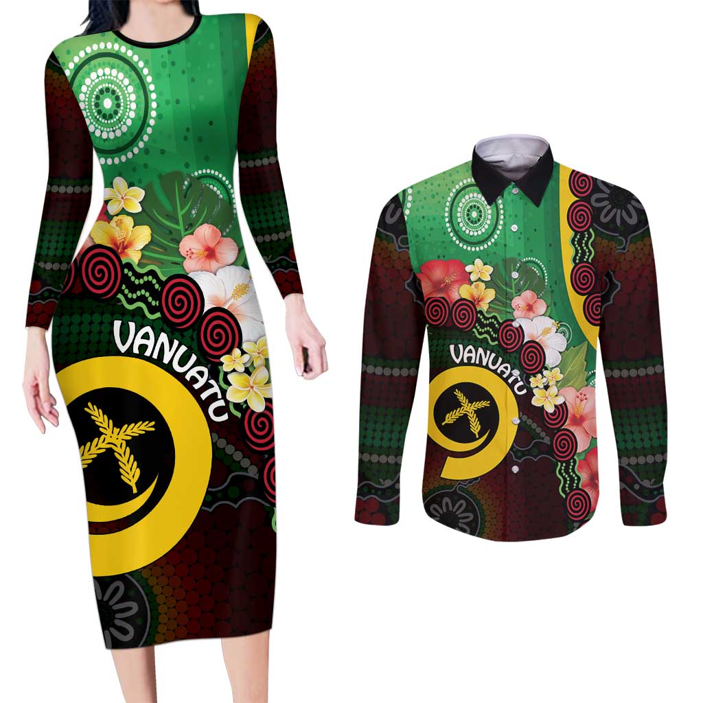 Long God Yumi Stanap Vanuatu Couples Matching Long Sleeve Bodycon Dress and Long Sleeve Button Shirt Tropical Flowers Aboriginal Pattern