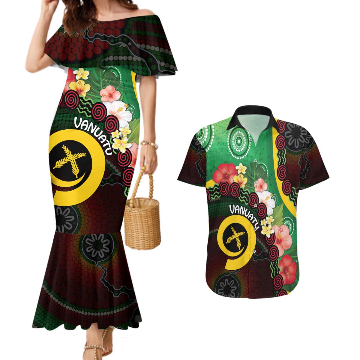 Long God Yumi Stanap Vanuatu Couples Matching Mermaid Dress and Hawaiian Shirt Tropical Flowers Aboriginal Pattern