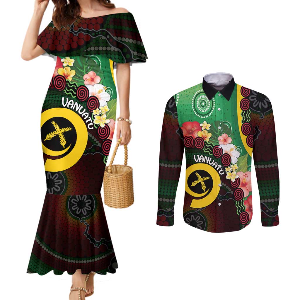 Long God Yumi Stanap Vanuatu Couples Matching Mermaid Dress and Long Sleeve Button Shirt Tropical Flowers Aboriginal Pattern