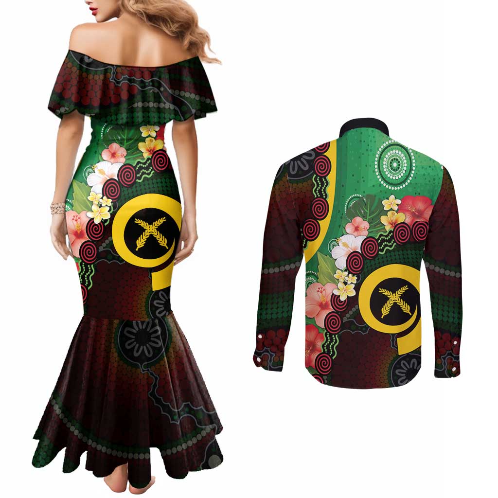 Long God Yumi Stanap Vanuatu Couples Matching Mermaid Dress and Long Sleeve Button Shirt Tropical Flowers Aboriginal Pattern
