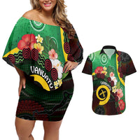 Long God Yumi Stanap Vanuatu Couples Matching Off Shoulder Short Dress and Hawaiian Shirt Tropical Flowers Aboriginal Pattern