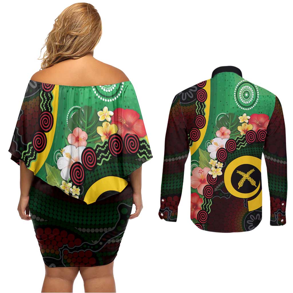 Long God Yumi Stanap Vanuatu Couples Matching Off Shoulder Short Dress and Long Sleeve Button Shirt Tropical Flowers Aboriginal Pattern