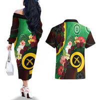 Long God Yumi Stanap Vanuatu Couples Matching Off The Shoulder Long Sleeve Dress and Hawaiian Shirt Tropical Flowers Aboriginal Pattern