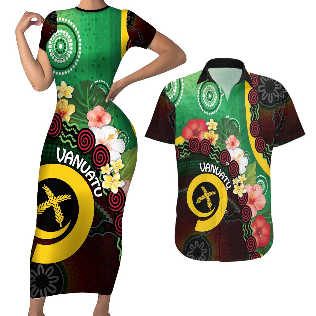 Long God Yumi Stanap Vanuatu Couples Matching Short Sleeve Bodycon Dress and Hawaiian Shirt Tropical Flowers Aboriginal Pattern