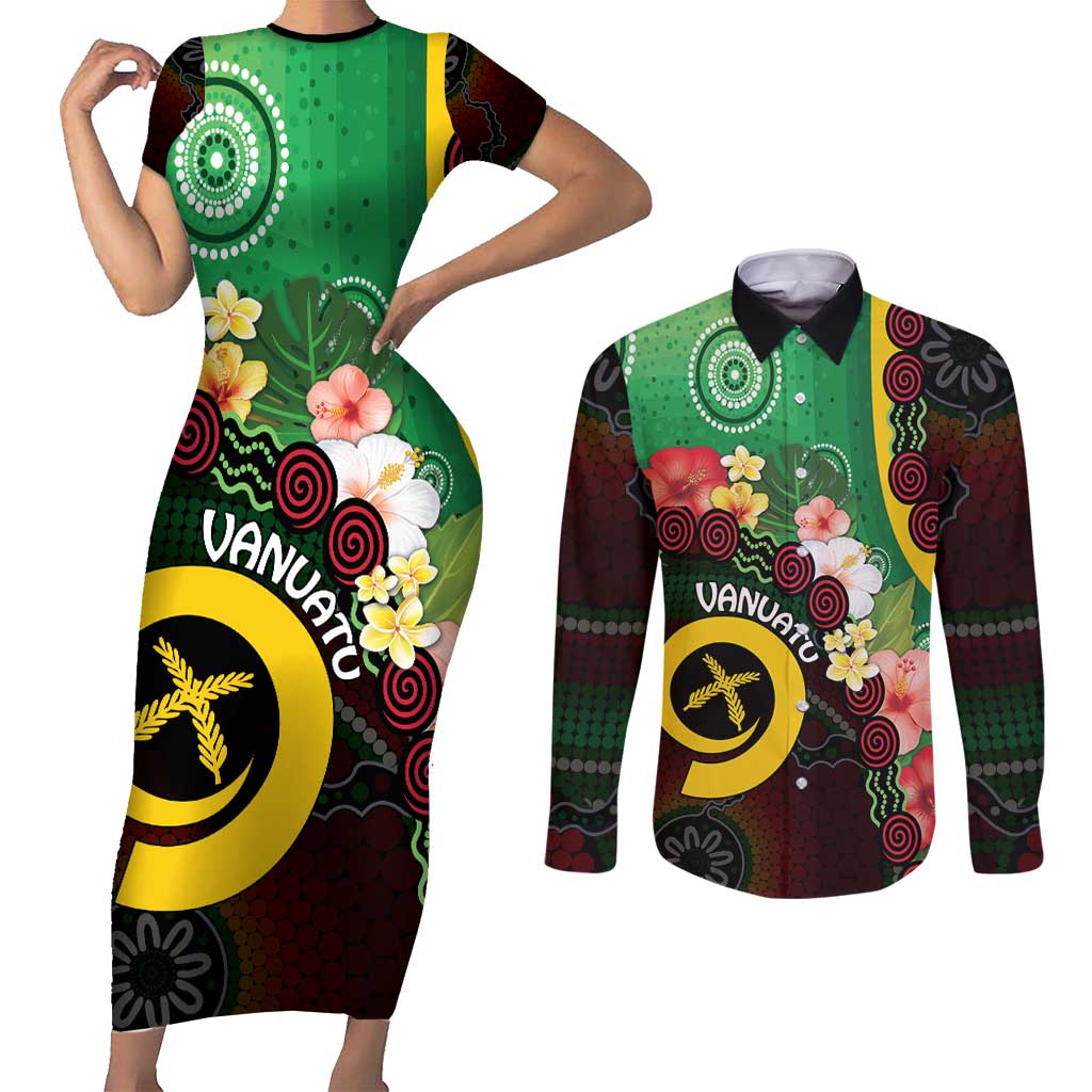Long God Yumi Stanap Vanuatu Couples Matching Short Sleeve Bodycon Dress and Long Sleeve Button Shirt Tropical Flowers Aboriginal Pattern