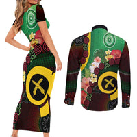 Long God Yumi Stanap Vanuatu Couples Matching Short Sleeve Bodycon Dress and Long Sleeve Button Shirt Tropical Flowers Aboriginal Pattern