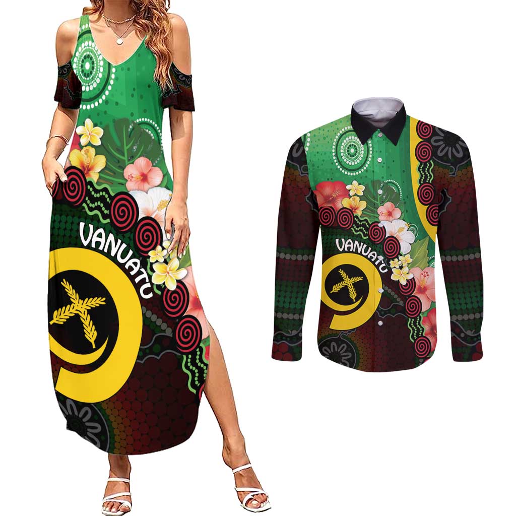Long God Yumi Stanap Vanuatu Couples Matching Summer Maxi Dress and Long Sleeve Button Shirt Tropical Flowers Aboriginal Pattern