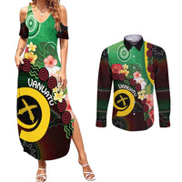 Long God Yumi Stanap Vanuatu Couples Matching Summer Maxi Dress and Long Sleeve Button Shirt Tropical Flowers Aboriginal Pattern