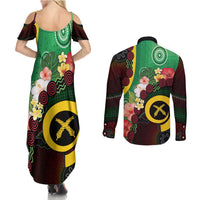 Long God Yumi Stanap Vanuatu Couples Matching Summer Maxi Dress and Long Sleeve Button Shirt Tropical Flowers Aboriginal Pattern