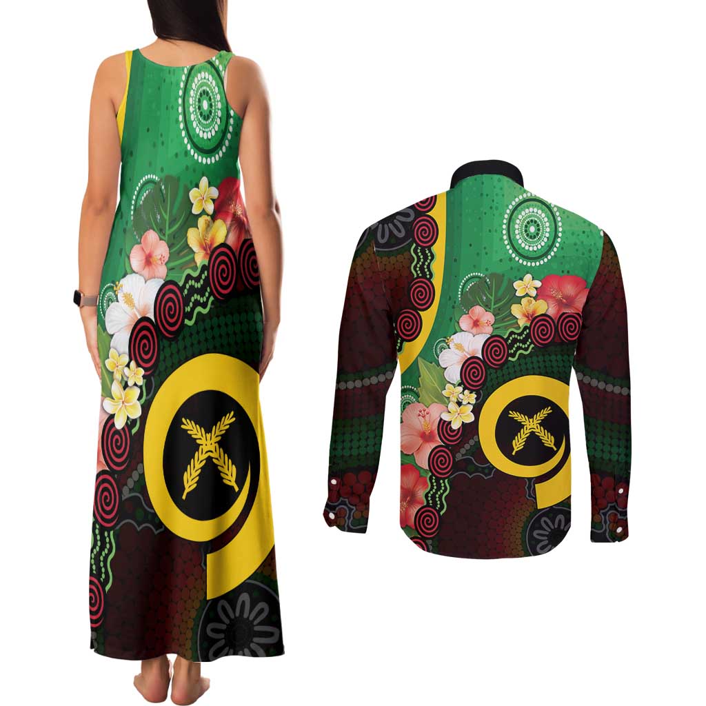 Long God Yumi Stanap Vanuatu Couples Matching Tank Maxi Dress and Long Sleeve Button Shirt Tropical Flowers Aboriginal Pattern