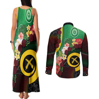 Long God Yumi Stanap Vanuatu Couples Matching Tank Maxi Dress and Long Sleeve Button Shirt Tropical Flowers Aboriginal Pattern