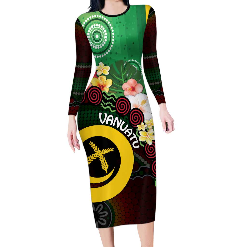 Long God Yumi Stanap Vanuatu Family Matching Long Sleeve Bodycon Dress and Hawaiian Shirt Tropical Flowers Aboriginal Pattern