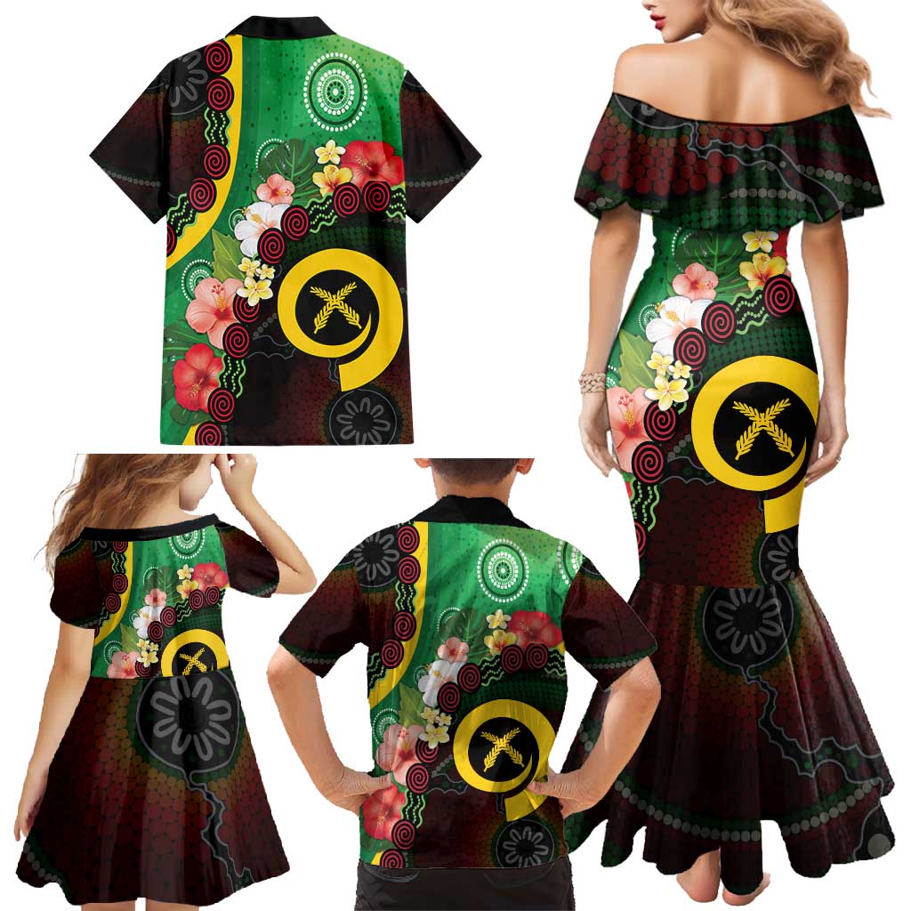 Long God Yumi Stanap Vanuatu Family Matching Mermaid Dress and Hawaiian Shirt Tropical Flowers Aboriginal Pattern