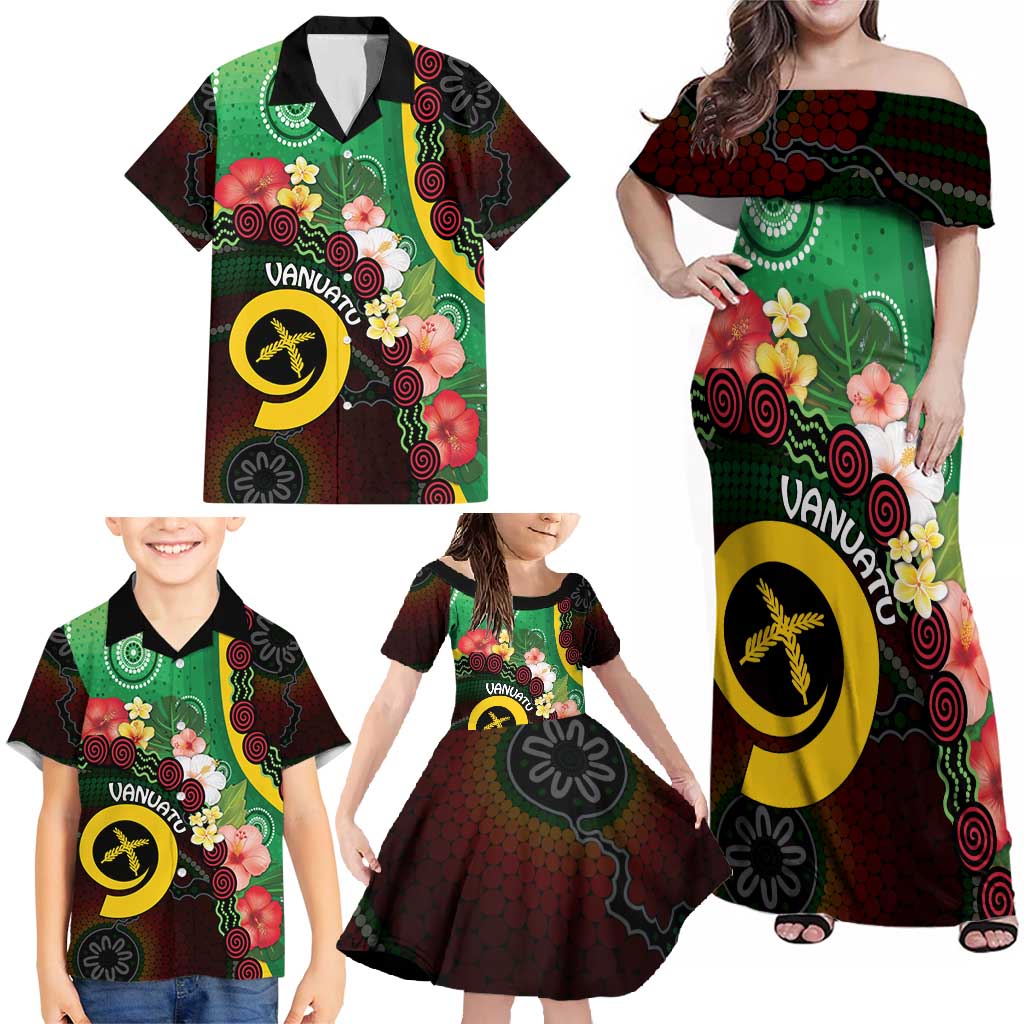 Long God Yumi Stanap Vanuatu Family Matching Off Shoulder Maxi Dress and Hawaiian Shirt Tropical Flowers Aboriginal Pattern