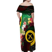Long God Yumi Stanap Vanuatu Family Matching Off Shoulder Maxi Dress and Hawaiian Shirt Tropical Flowers Aboriginal Pattern