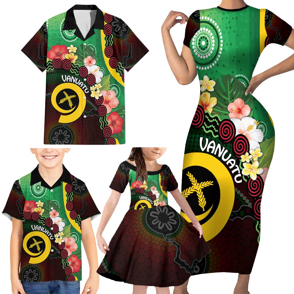 Long God Yumi Stanap Vanuatu Family Matching Short Sleeve Bodycon Dress and Hawaiian Shirt Tropical Flowers Aboriginal Pattern