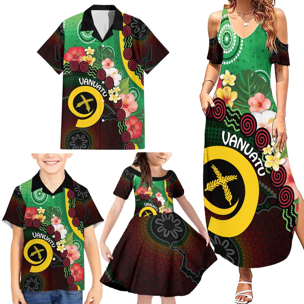 Long God Yumi Stanap Vanuatu Family Matching Summer Maxi Dress and Hawaiian Shirt Tropical Flowers Aboriginal Pattern