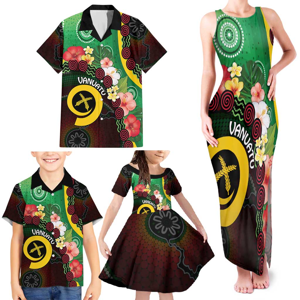 Long God Yumi Stanap Vanuatu Family Matching Tank Maxi Dress and Hawaiian Shirt Tropical Flowers Aboriginal Pattern