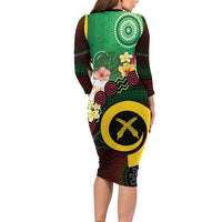 Long God Yumi Stanap Vanuatu Long Sleeve Bodycon Dress Tropical Flowers Aboriginal Pattern