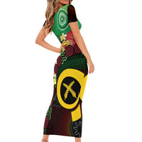 Long God Yumi Stanap Vanuatu Short Sleeve Bodycon Dress Tropical Flowers Aboriginal Pattern