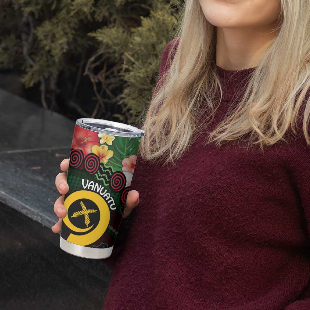 Long God Yumi Stanap Vanuatu Tumbler Cup Tropical Flowers Aboriginal Pattern