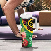 Long God Yumi Stanap Vanuatu Tumbler With Handle Tropical Flowers Aboriginal Pattern