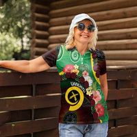 Long God Yumi Stanap Vanuatu Women Polo Shirt Tropical Flowers Aboriginal Pattern