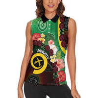 Long God Yumi Stanap Vanuatu Women Sleeveless Polo Shirt Tropical Flowers Aboriginal Pattern