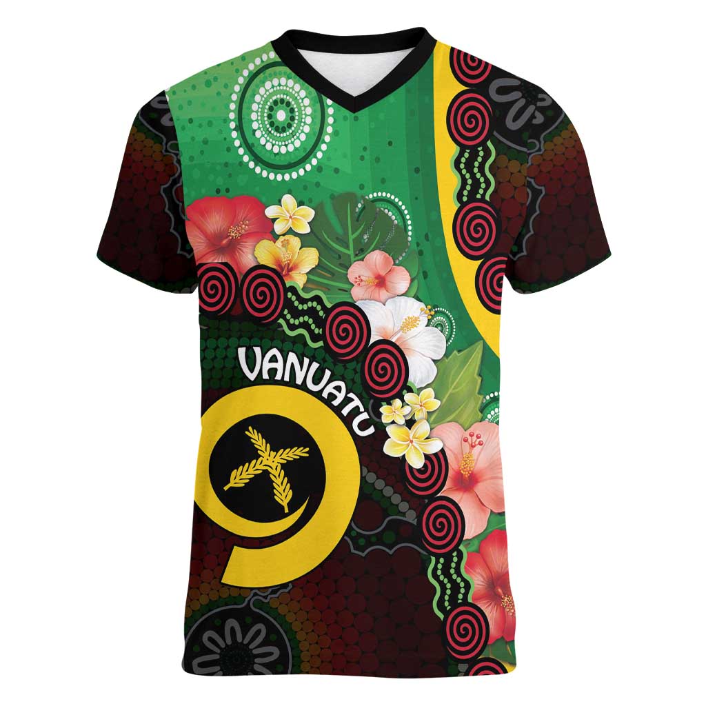Long God Yumi Stanap Vanuatu Women V-Neck T-Shirt Tropical Flowers Aboriginal Pattern