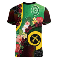 Long God Yumi Stanap Vanuatu Women V-Neck T-Shirt Tropical Flowers Aboriginal Pattern