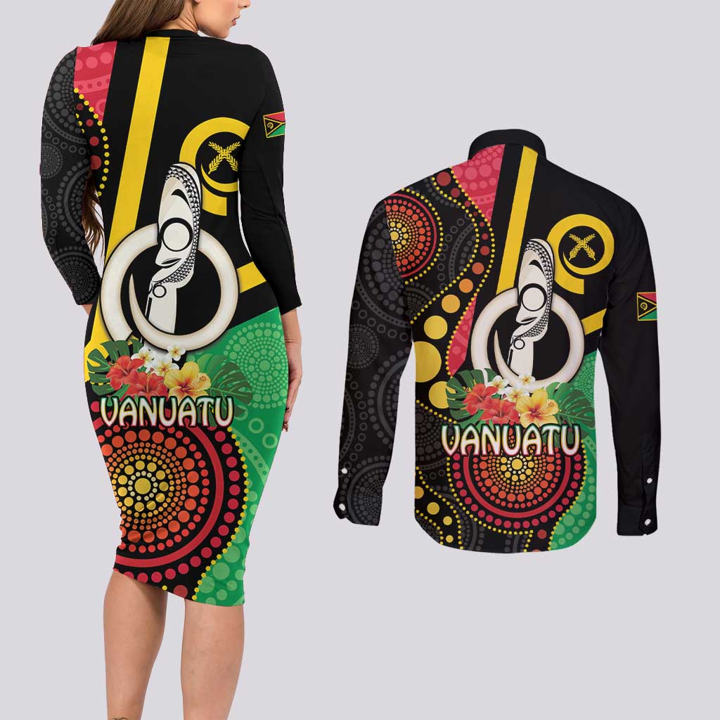 Tamtam Drum Vanuatu Couples Matching Long Sleeve Bodycon Dress and Long Sleeve Button Shirt Boar Tusk Aboriginal Flag Style