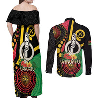 Tamtam Drum Vanuatu Couples Matching Off Shoulder Maxi Dress and Long Sleeve Button Shirt Boar Tusk Aboriginal Flag Style